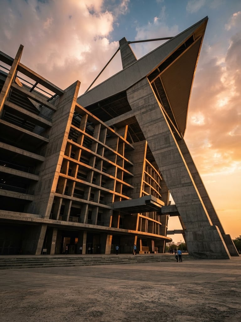 Low-angle architectural photograph of a modern concrete sports stadium in India under dramatic golden-hour sunlight, sharp geometric lines, deep shadows, 35mm lens