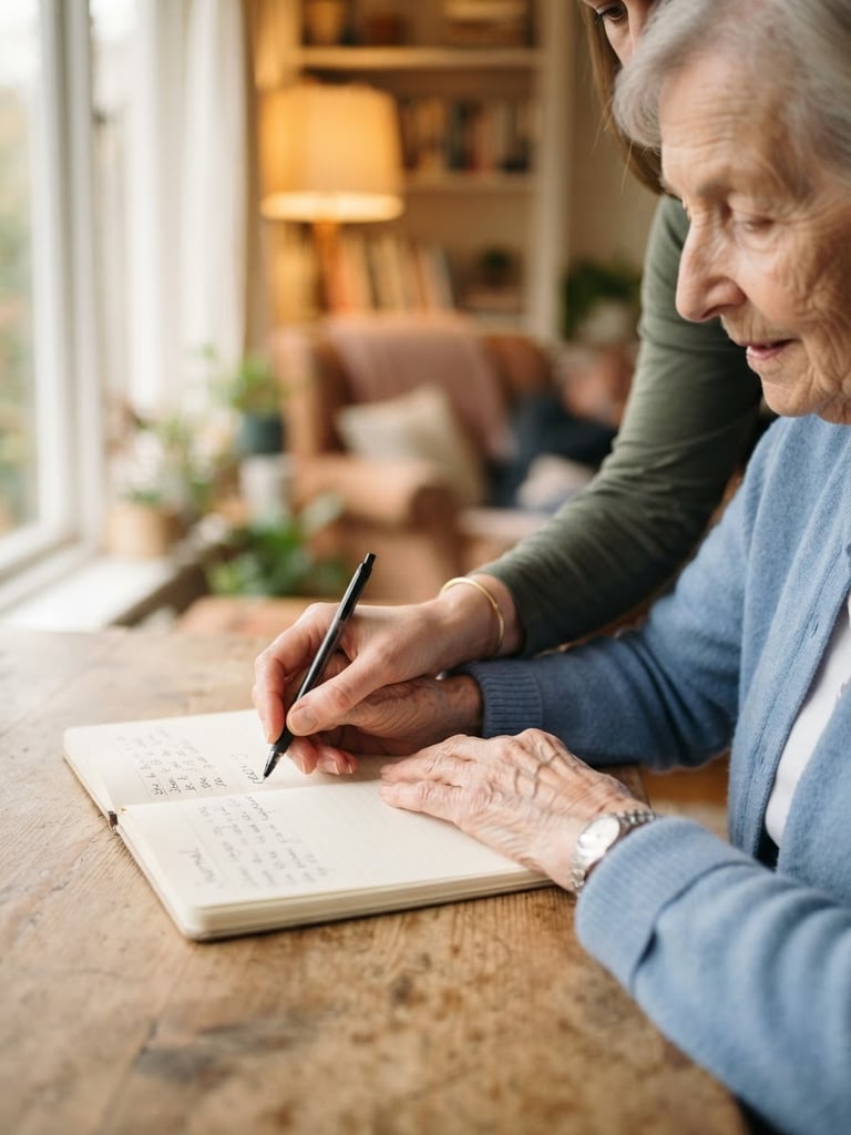 Warm editorial photography of supportive hands guiding a patient's hand to write with a pen, soft natural daylight, shallow depth of field
