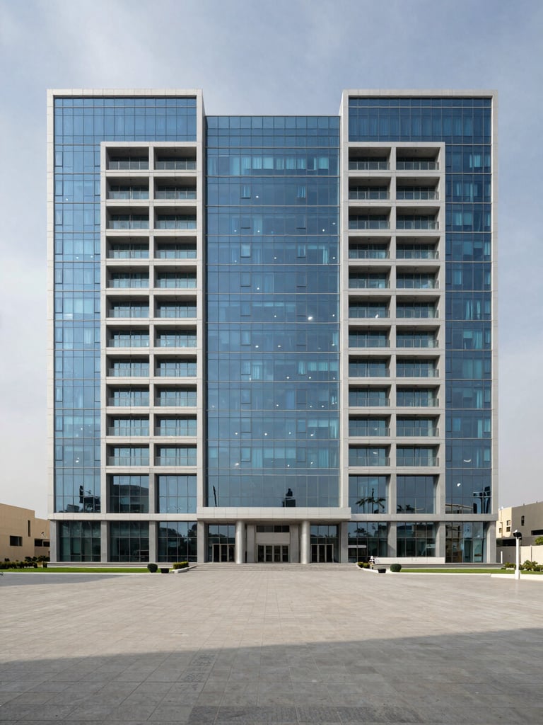 Wide frontal shot of a completed multi-storey commercial building in Riyadh, overcast midday light, clean glass facade with structural grid visible, empty foreground plaza showing scale, architectural precision framing