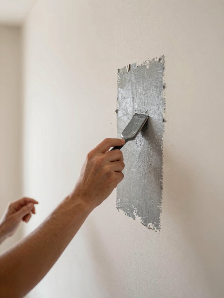 Close-up of hands painting a freshly patched drywall section in a clean, empty rental unit, bright natural daylight, sharp depth of field
