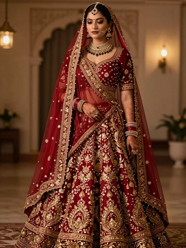 Medium portrait of a North Indian bride in a deep crimson and gold lehenga, structured veil draping, warm ambient indoor glow, elegant posture, high-contrast luxury editorial styling.