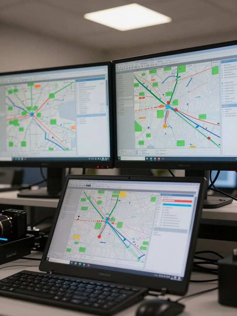Close-up of a multi-monitor workstation showing live dispatch routing maps and data tables, practical fluorescent overhead lighting casting no shadows, two screens visible with dense operational data mid-shift, keyboard and mouse in foreground