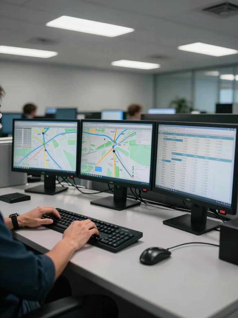 Wide shot of a multi-monitor dispatch workstation from the left, three screens showing live route maps and order queues under cool fluorescent office light, operator's hands resting near keyboard, mid-shift ops floor visible in background