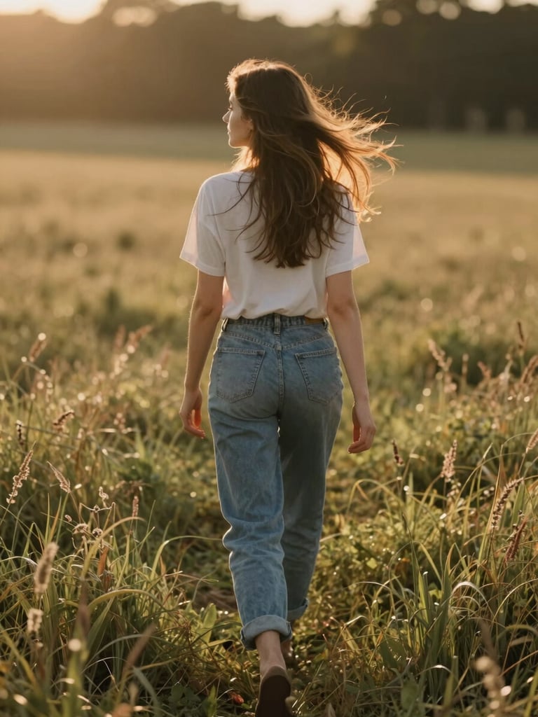 A thoughtful woman walking in a meadow during golden hour, shot from behind, soft wind in her hair, dappled sunlight, warm editorial photography
