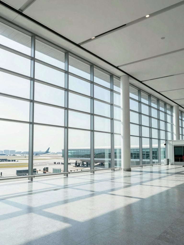 Wide architectural shot of a modern, clean, bright airport terminal with glass walls and daylight streaming in, airplane silhouette visible in the distance.