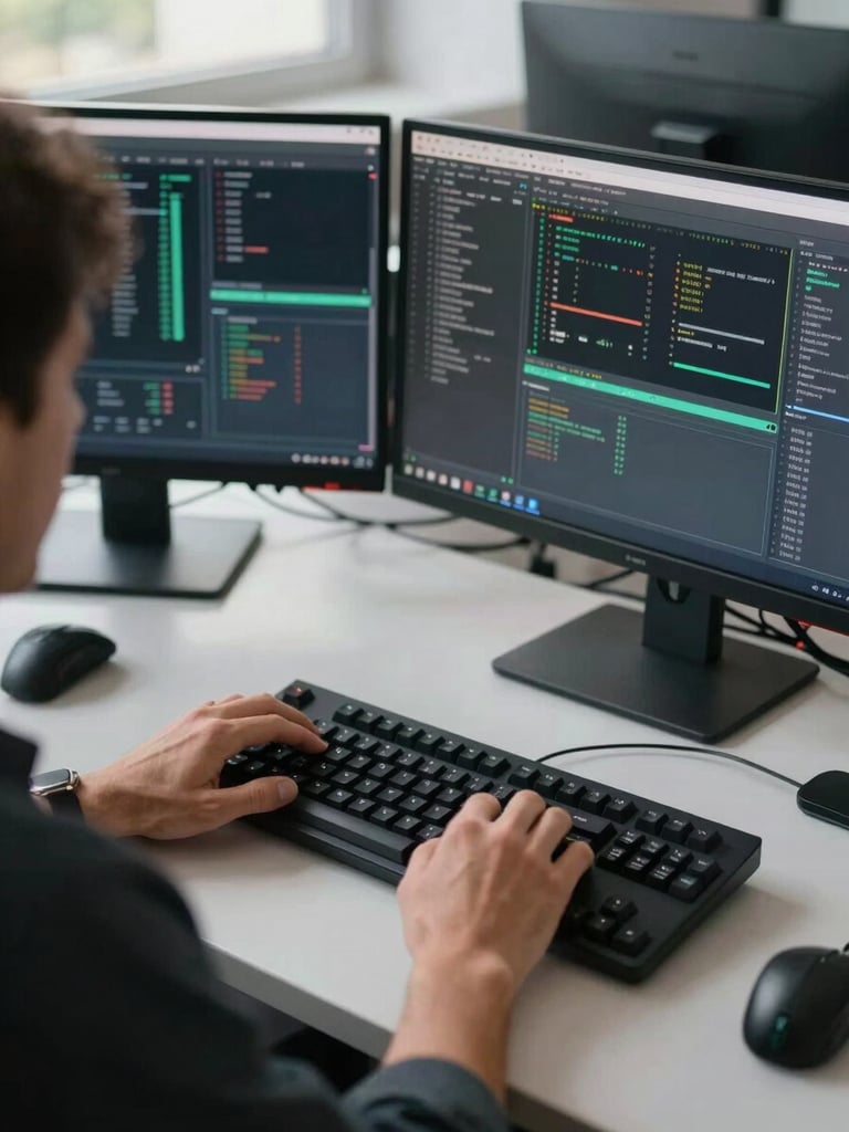 Over-the-shoulder view of an engineer's hands on a mechanical keyboard, monitors showing live server dashboards and terminal output, natural window light casting soft daylight across the desk, real office environment with cable management visible in background