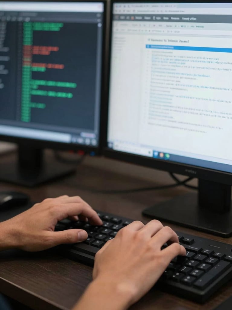 Close-up of a student's hands at a dark workstation, screen in background showing a terminal with network traffic logs and a partially written incident report, cool monitor glow on fingers and keyboard, depth of field blurs background monitors, documentary-style framing, no readable text