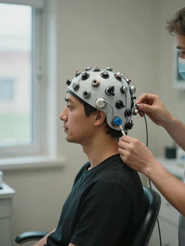 Medium shot from the side, a client seated in a clinical chair wearing a dense electrode cap, face in profile and partially obscured, technician's hands visible at the edge of frame adjusting a lead, cool natural daylight from a window at left, task lighting illuminating the cap hardware, quiet clinical room with neutral walls, no smiling, documentary restraint