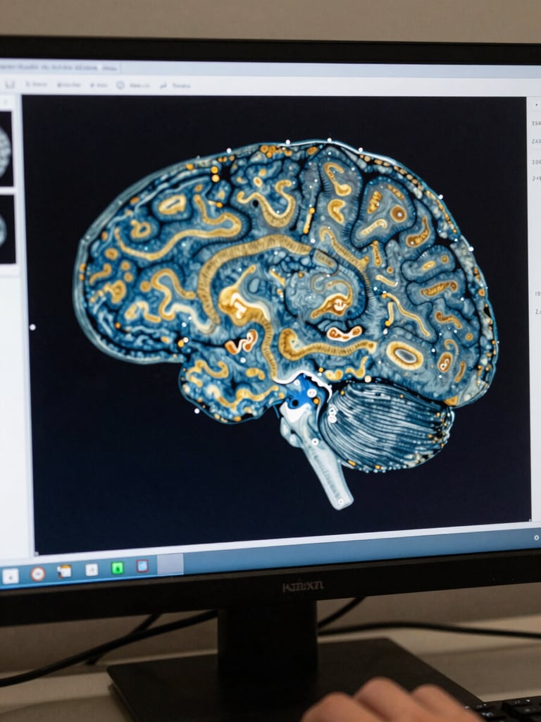 Close-up of a monitor screen displaying a swLORETA brain topography map, cool blue and amber color gradients showing cortical source activity, technician's hand partially visible at the edge of the keyboard below, clinical task lighting, no faces, no stock imagery, documentary framing