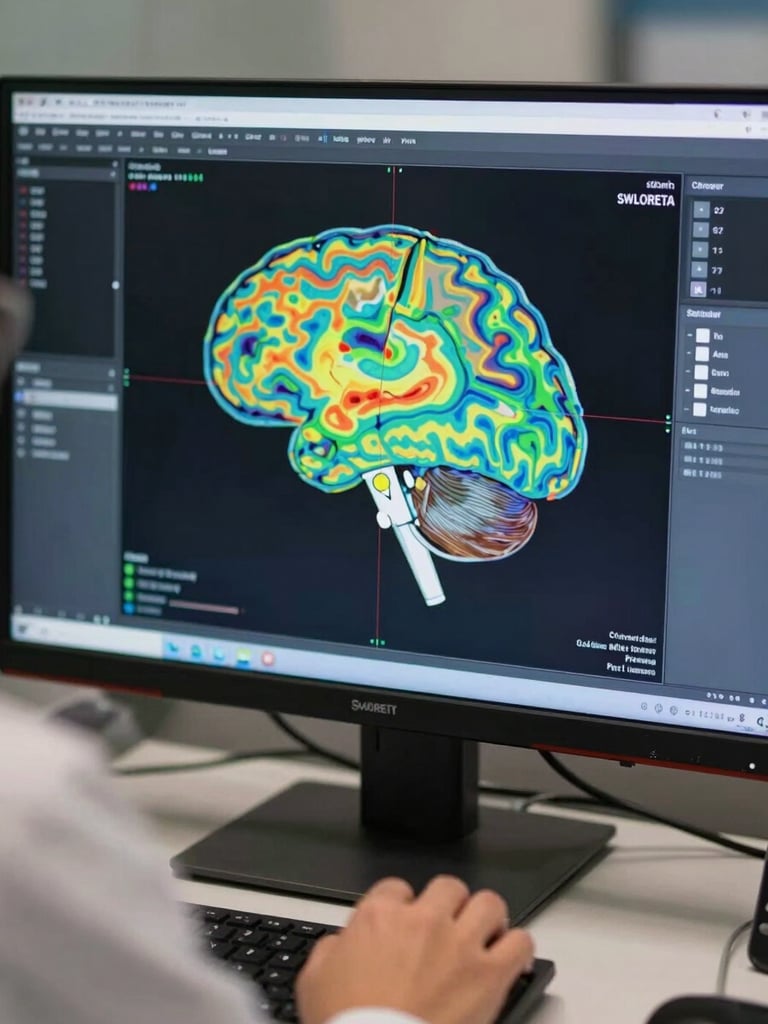 Close-up medium shot of a monitor screen displaying a swLORETA brain-map visualization — colored topographic contours on a dark background, a clinician's hand resting near the console edge, clinical task lighting, sharp and documentary in feel