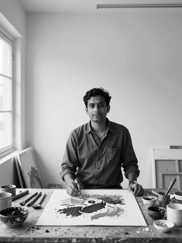 A respectful, candid portrait of an Indian contemporary artist working in a sunlit rural studio. Surrounded by raw canvases, natural pigments, and hand-made tools under soft north-facing window light.