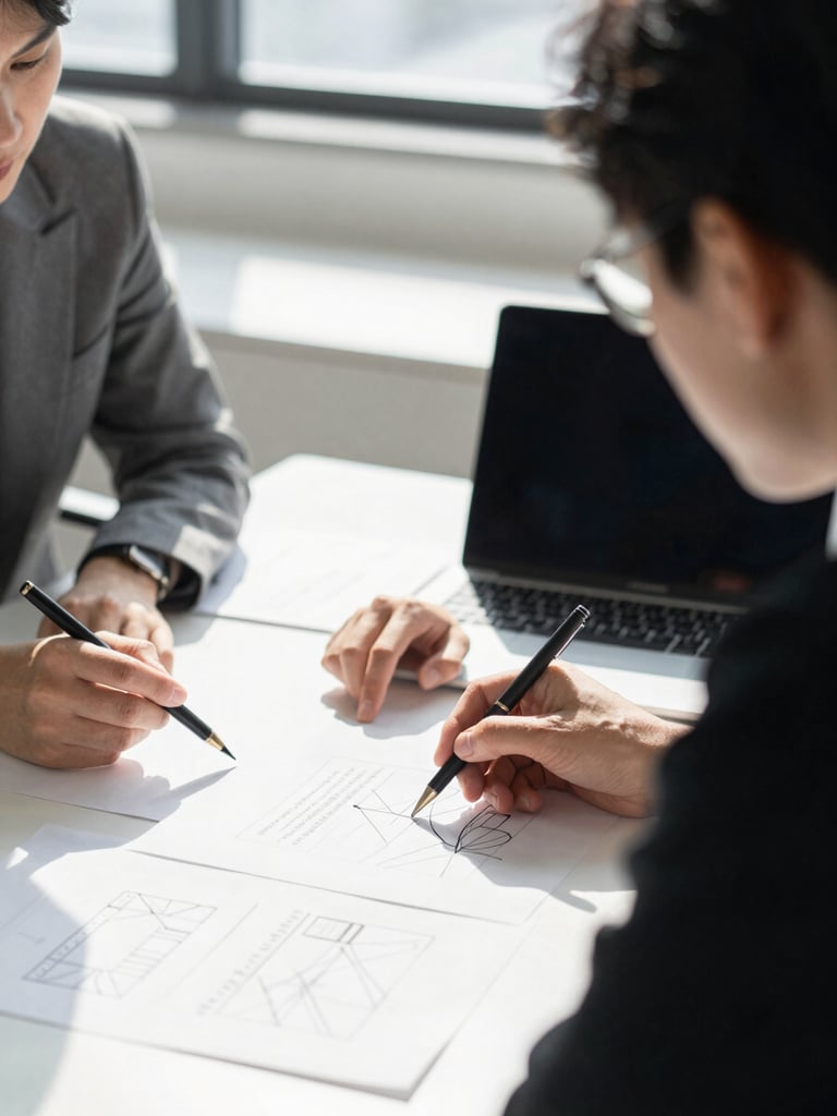 Authentic collaborative moment in a bright workspace, two professionals analyzing strategy sketches on a table, natural daylight, high contrast, 35mm