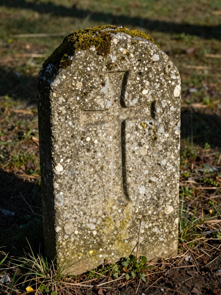 Close-up shot of an old stone boundary marker engraved with a cross, partially covered in moss, embedded in the earth under sharp morning shadows.