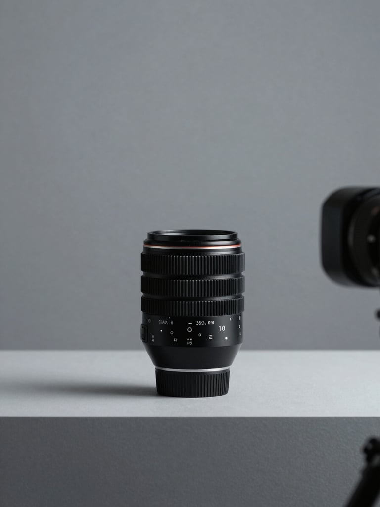 Wide editorial still from a corporate brand film shoot — a minimalist product on a grey studio surface under cool daylight, camera just visible at frame edge, full aspect ratio preserved, no warmth, clean and functional