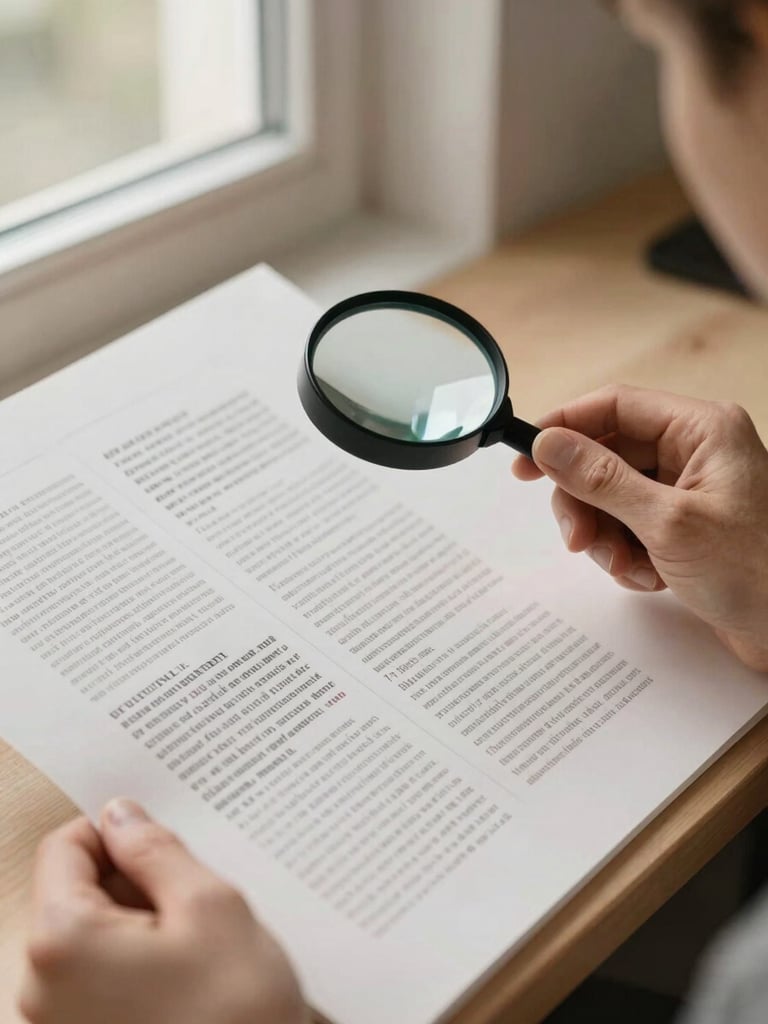 A designer's hands holding a newly printed editorial proof, checking typographic alignment with a loupe, natural light, warm tones
