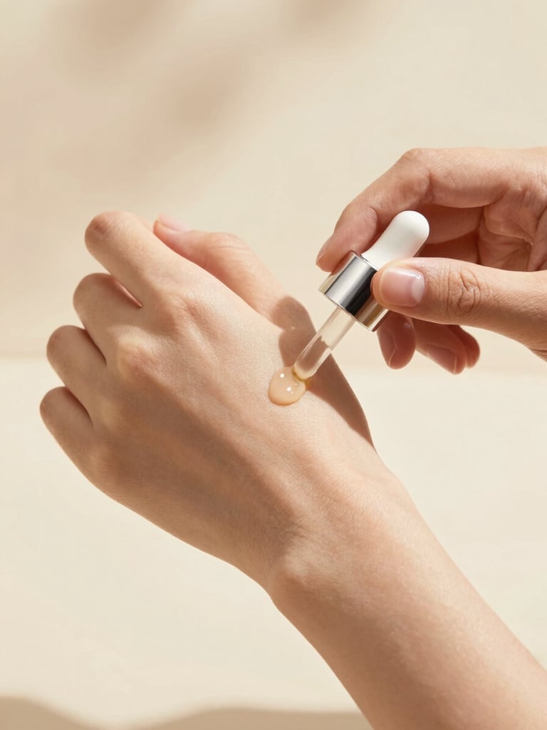 Hands gently applying a premium botanical serum onto clean skin, soft diffused natural light, warm sand tones, macro shot, 35mm