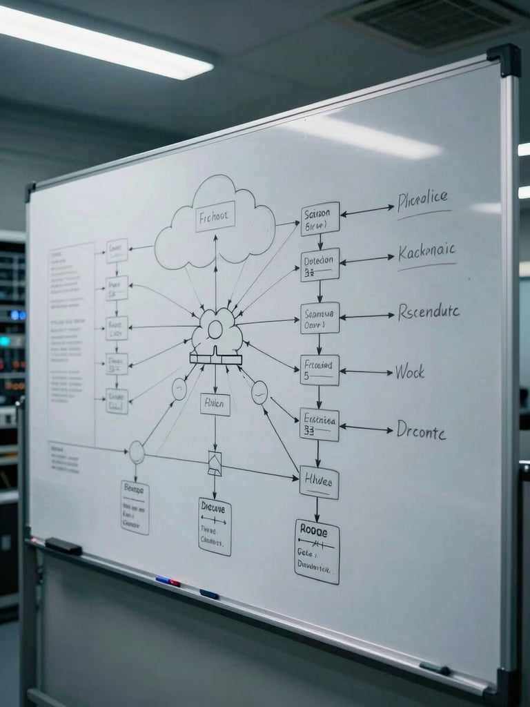 Wide shot of a cloud architecture diagram covering a large whiteboard in a dimly lit server lab, dense node-and-arrow topology sketched in marker, cool fluorescent overhead lighting casting hard shadows on the board surface, no people visible, tight crop on the diagram filling the frame edge to edge