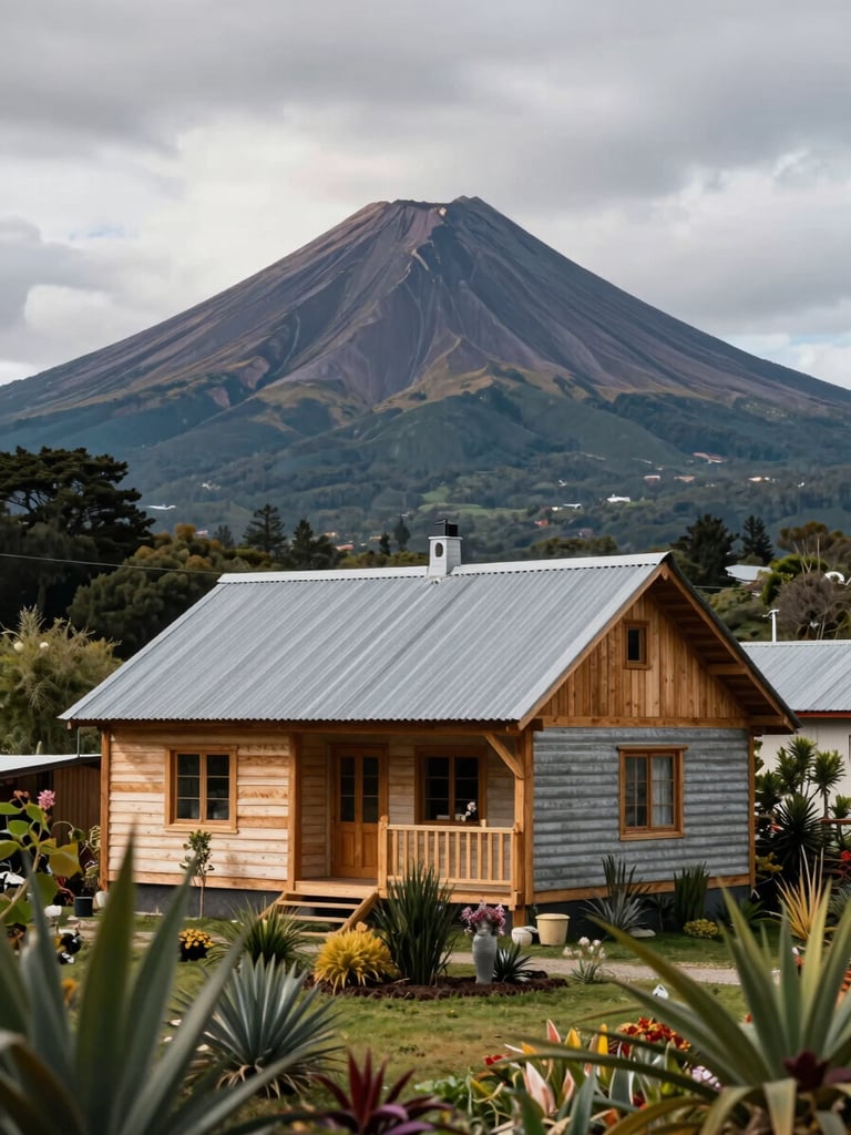 Wide environmental shot of a rural timber-frame house in the Villarrica countryside, corrugated metal roof, established native garden, Villarrica volcano visible as a sharp cone in the background under overcast Patagonian daylight, property centered in landscape context, no people