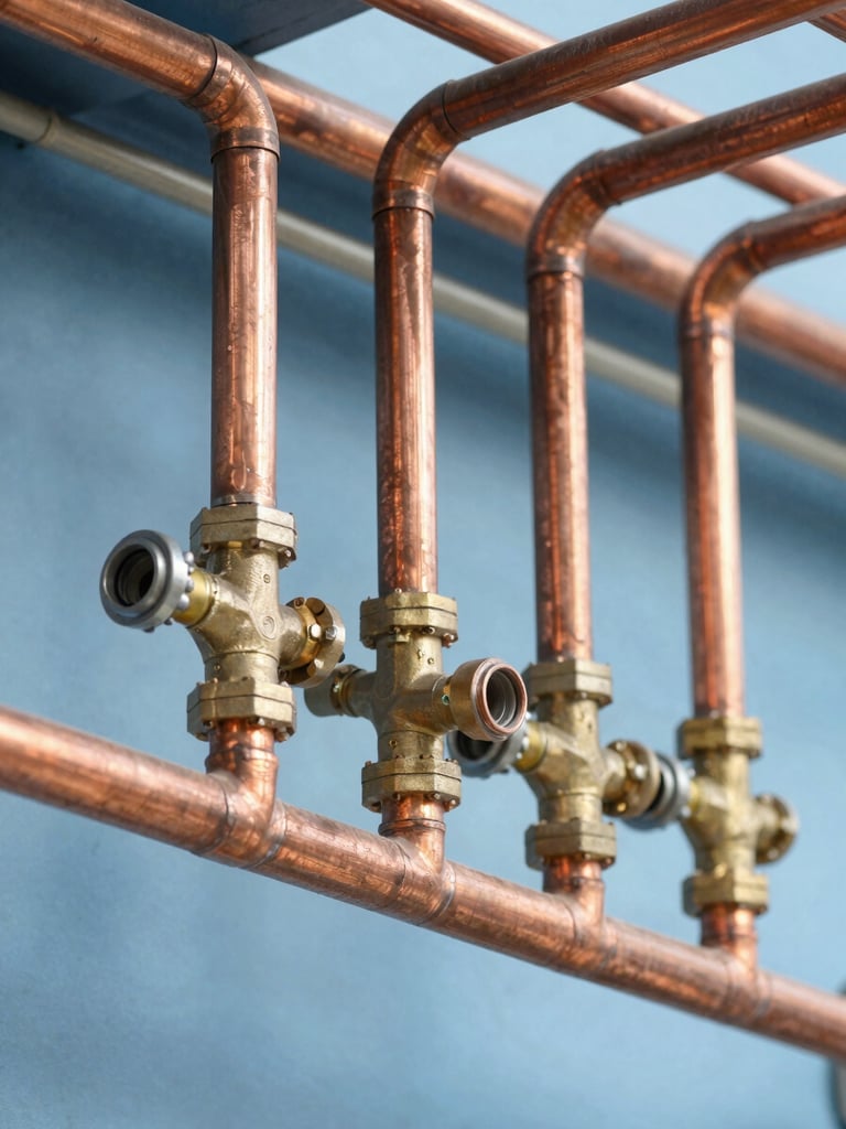 A close-up of immaculate parallel copper piping with clean solder joints and brass valves under bright work lights, 35mm