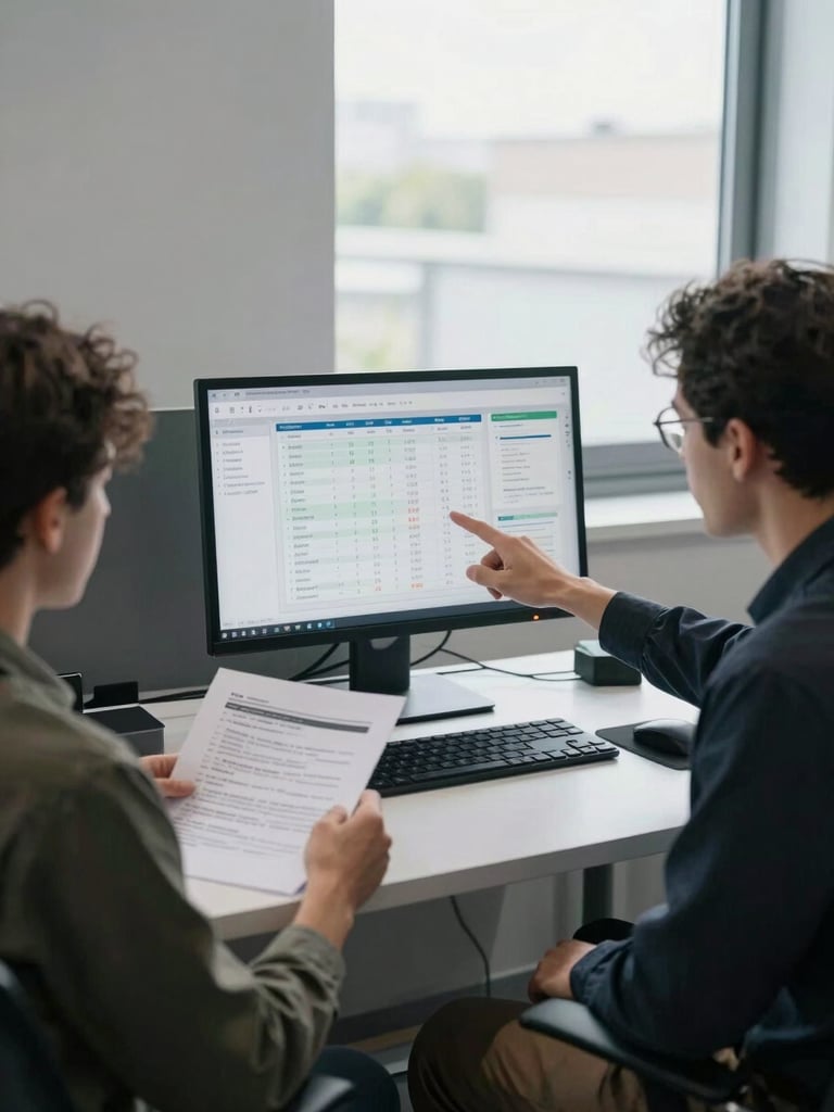 Wide shot from left edge of frame: two people at adjacent desks in a controlled-light studio office, one pointing at a monitor showing an analytics dashboard with visible ranking charts, the other reviewing printed page audit notes. Clean ambient daylight from a large window at the back. Matte surfaces, no clutter. Framed to bleed off the left canvas edge.