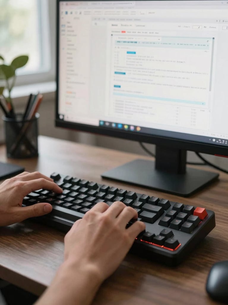 Close-up medium shot of a developer's hands at a mechanical keyboard, a large monitor behind displaying a clean website layout in progress, ambient office daylight from the left, matte desk surface visible, no people in frame beyond the hands