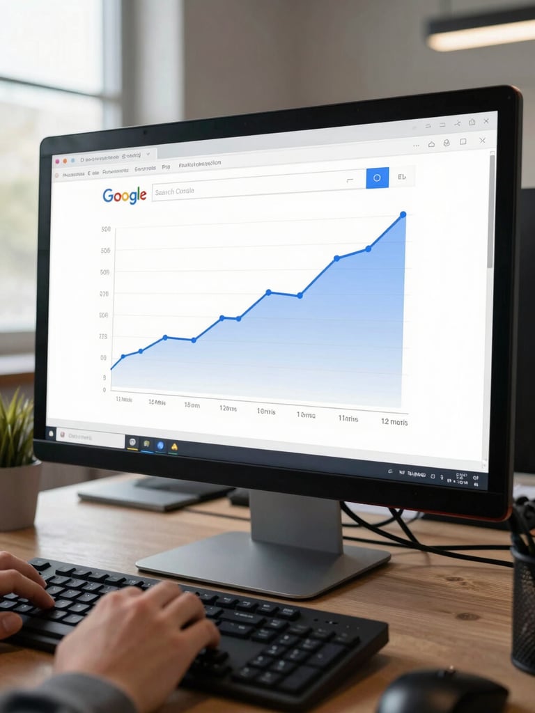 Close-up medium shot of a desktop monitor displaying a Google Search Console performance graph with a clear upward organic click trend over twelve months, a hand resting near the keyboard in the foreground, bright ambient office daylight from a window to the left, the screen sharp and the background workspace softly resolved