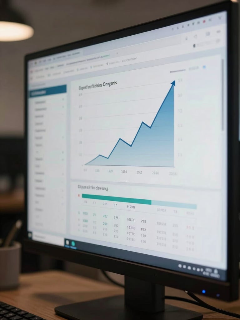 Close-up of a large monitor displaying an SEO analytics dashboard with organic traffic graphs trending sharply upward, keyword ranking tables visible on screen, studio-controlled ambient office light from the left, tight framing on the screen filling the frame edge to edge, no person visible