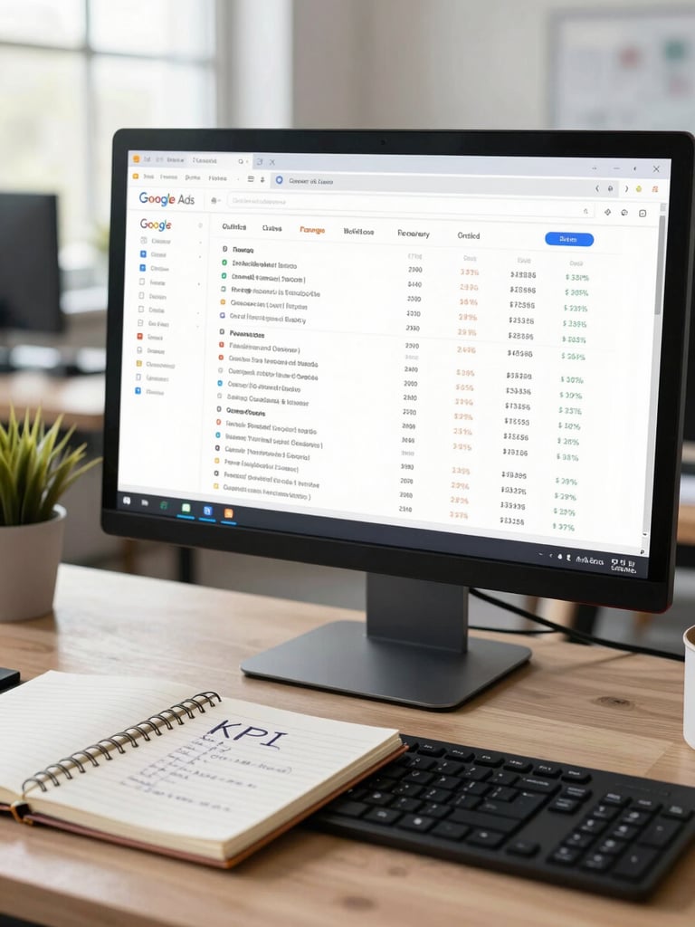 Medium shot of a monitor showing a Google Ads dashboard with campaign performance metrics, a notebook with handwritten KPI targets open beside the keyboard, bright ambient office daylight, clean desk environment