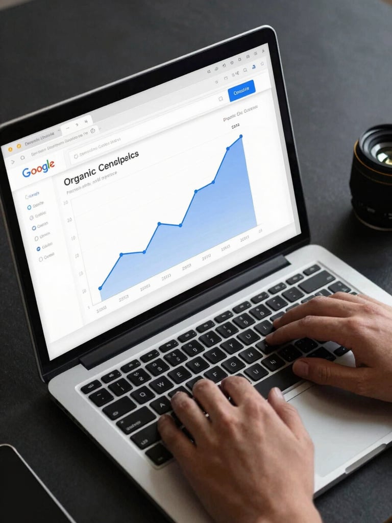 Tight overhead shot of a laptop screen displaying a Google Search Console performance dashboard with organic clicks graph trending upward, hands resting near the trackpad, controlled studio lighting, dark desk surface