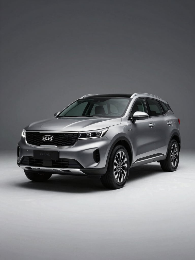 Wide studio shot of a KIA SUV in three-quarter front view on a seamless white floor, dramatic overhead strobe lighting casting a precise shadow beneath the vehicle, high-contrast, automotive precision framing, no people, no background detail