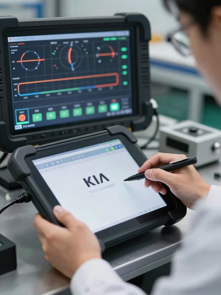 Close-up of a KIA technician's hands operating a factory diagnostic tablet connected to a vehicle ECU, instrument panel illuminated in background, clean workshop lighting, sharp technical framing