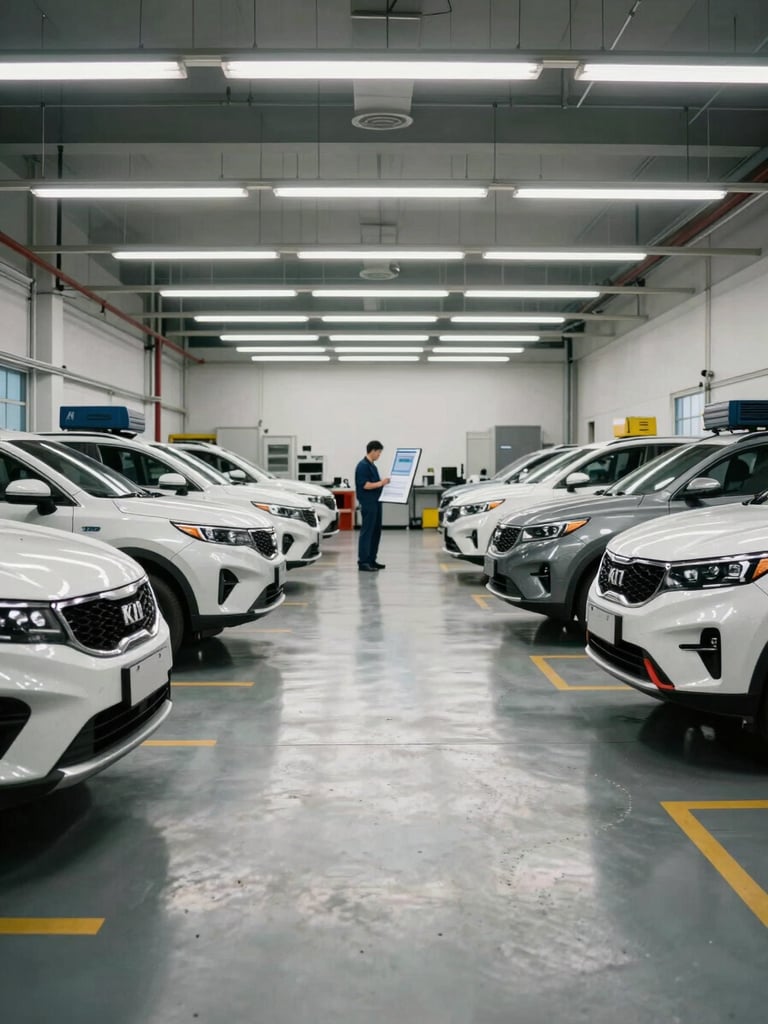 Wide workshop floor shot showing KIA vehicles at service stations, technician in background reviewing a printed diagnostic sheet under bright fluorescent workshop lighting, clear and organized bay, no clutter
