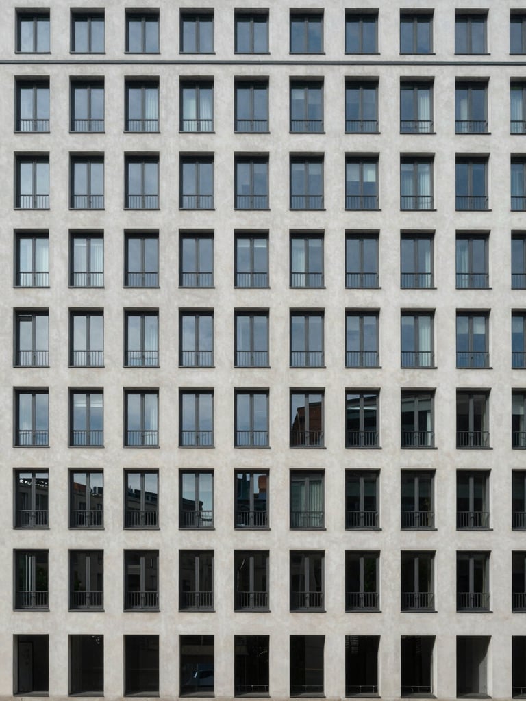 Wide panoramic view of a modernist Berlin residential building facade, photographed straight-on from the street level, symmetrical grid of windows under flat neutral daylight, no people, clinical architectural framing with generous negative space on the left side