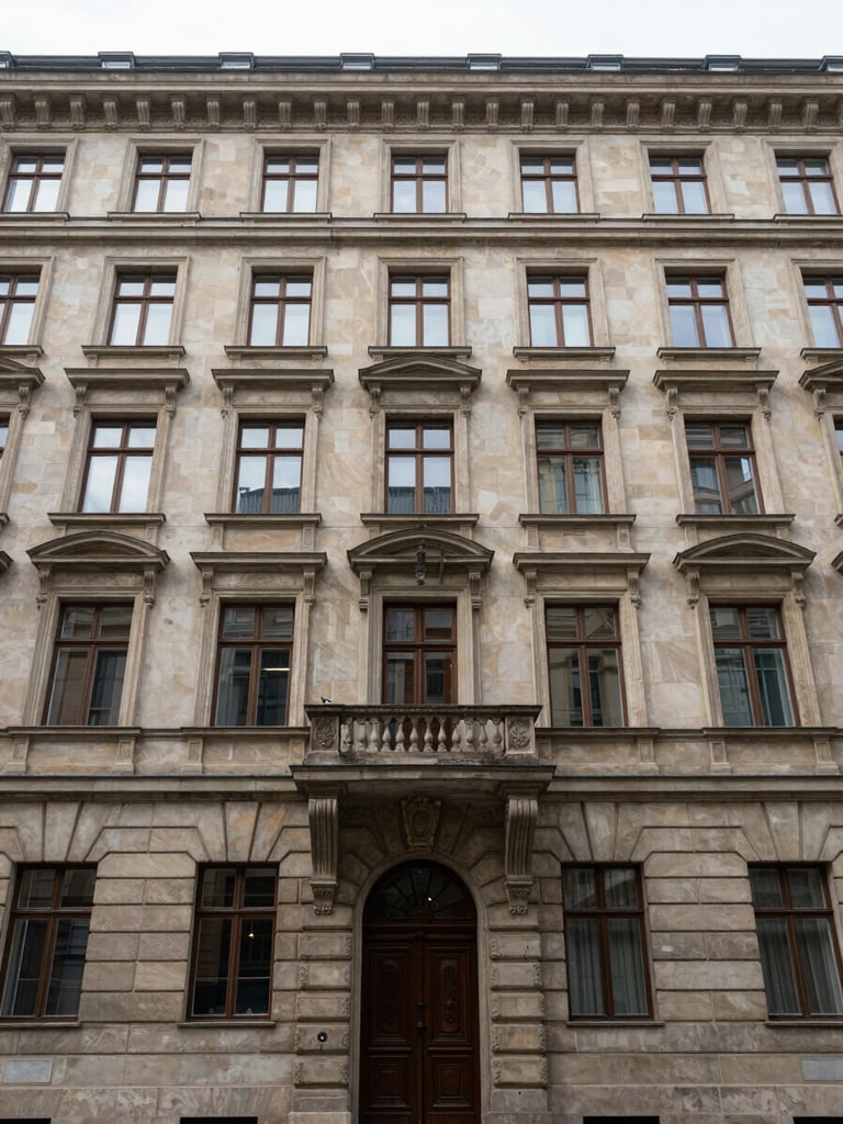 Wide vertical shot of a Berlin Gründerzeit apartment building facade, symmetrical window grid, neutral overcast daylight, no people, clinical framing from street level looking slightly upward, stone masonry detail sharp in foreground