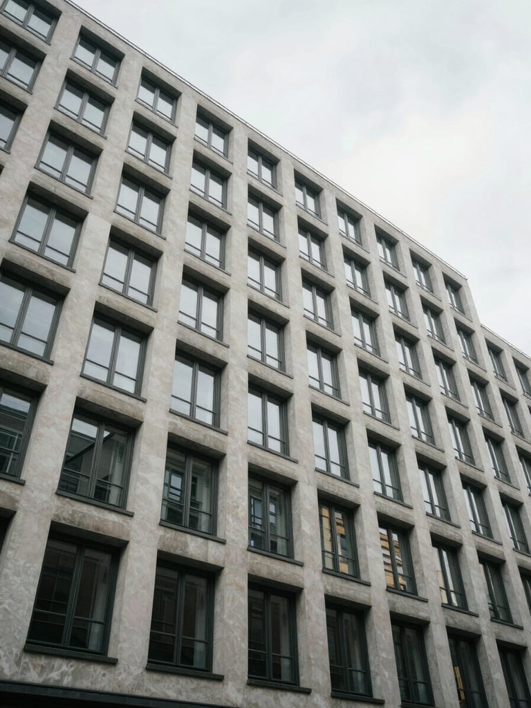 Wide-angle view from street level looking up at a modernist Berlin apartment building facade, neutral overcast daylight, geometric window grid receding upward, no people, clinical framing