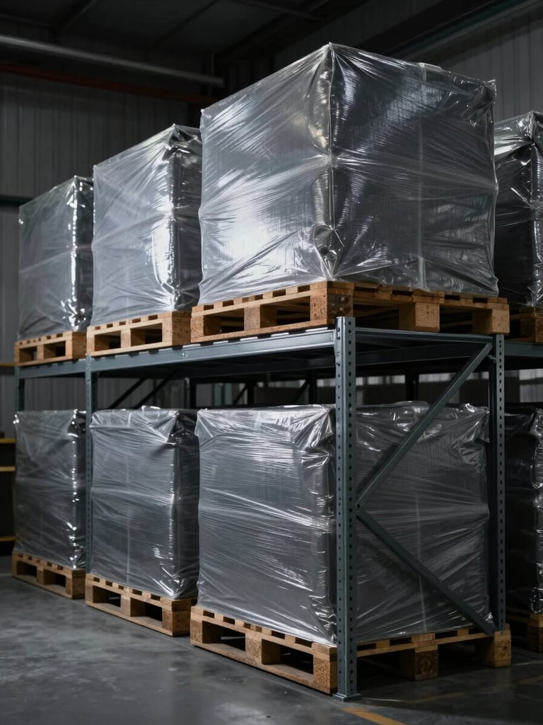 Industrial warehouse logistics, clean high-bay shelving with palletized shipments ready for international transit, cool-toned lighting.