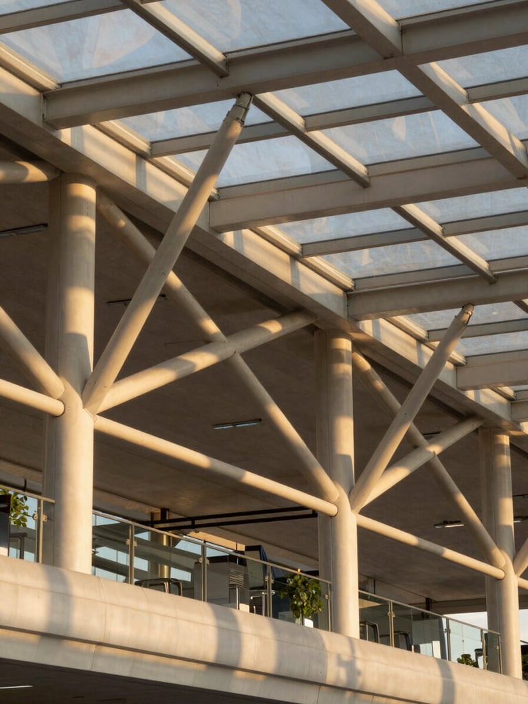 Close-up architectural detail of a modern airport terminal facade in Egypt, structural steel and glass canopy at golden hour, warm light raking across geometric forms, no people, sharp depth of field