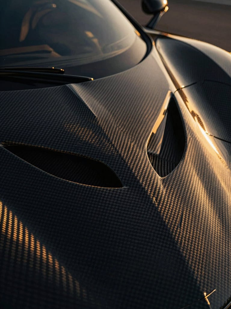 Extreme close-up of carbon fiber weave on a hypercar body, dramatic golden-hour light, rich dark tones, deep shadows, 35mm