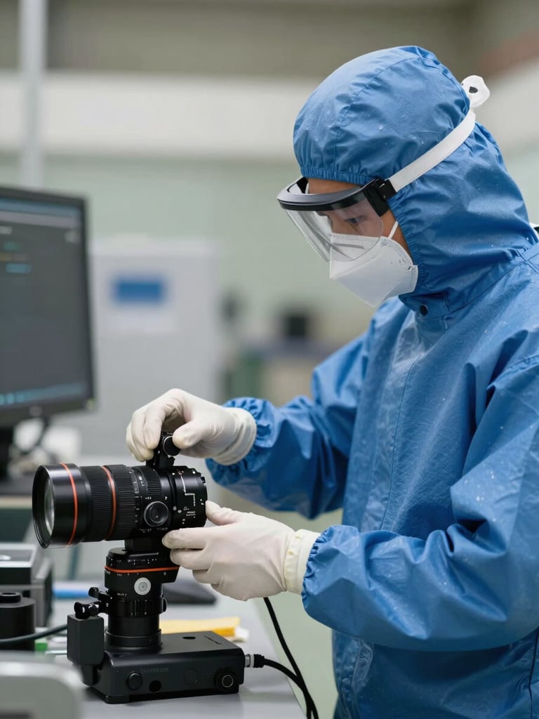 Vue rapprochée d'un technicien de nettoyage en tenue de protection bleue, ajustant méthodiquement son équipement de sécurité, lumière naturelle.
