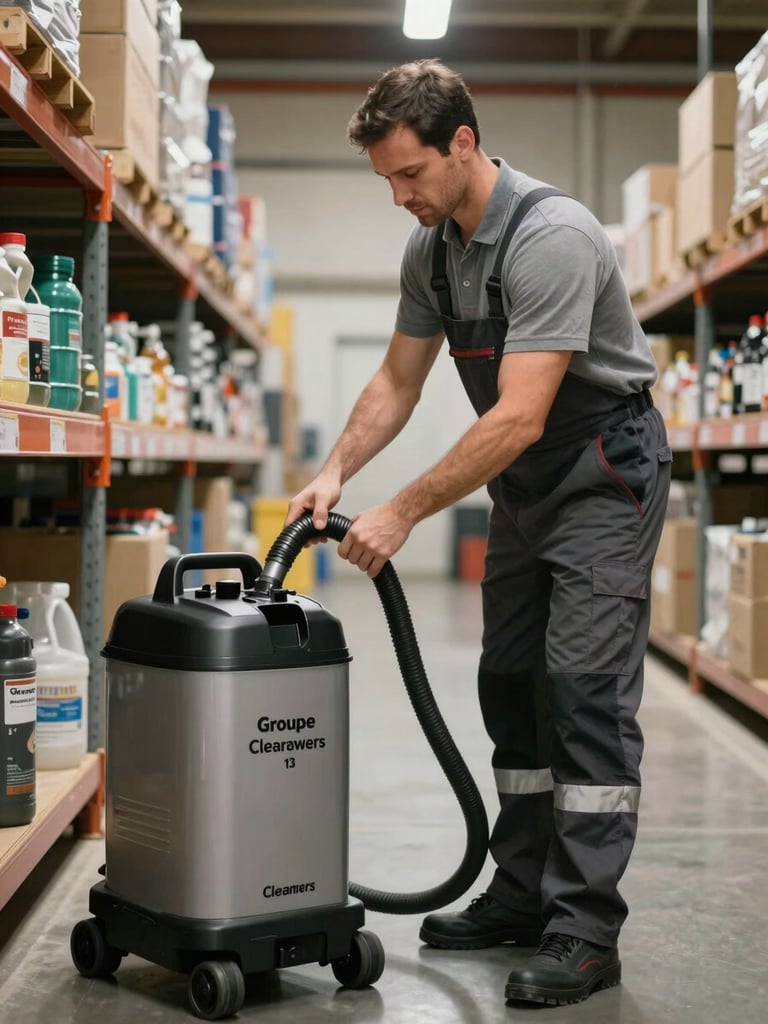 Portrait d'un agent de nettoyage professionnel Groupe Cleaners 13 en tenue de travail, ajustant une autolaveuse industrielle dans un entrepôt propre et bien éclairé.