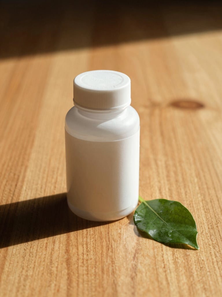 A close-up of a high-quality glass supplement bottle sitting on a clean, sunlit wooden table next to a fresh green leaf, warm editorial photography, 35mm