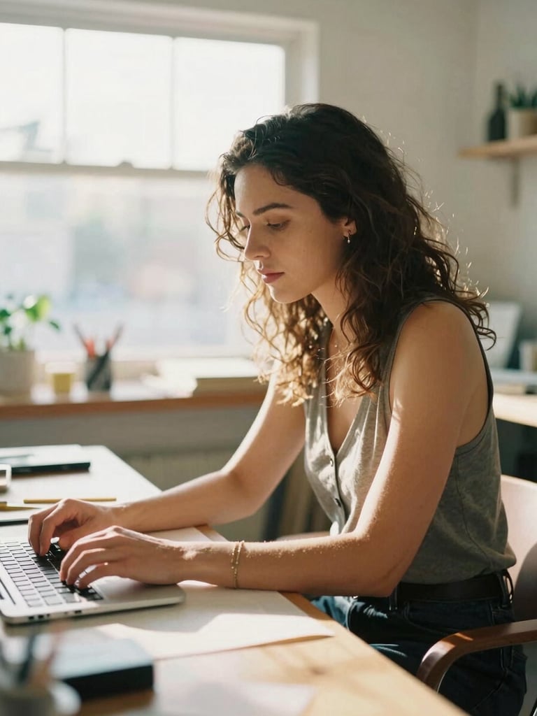 Candid portrait of a female designer working in a bright, sun-drenched California studio, soft natural light, cinematic warm tones, 35mm film aesthetic