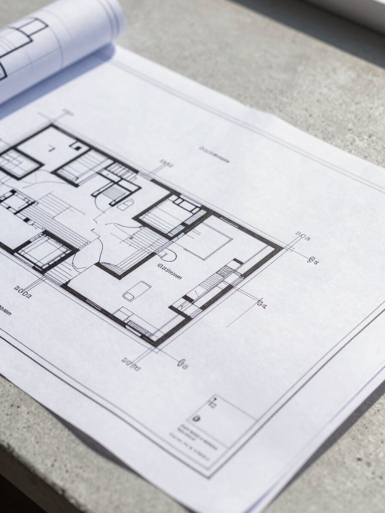Close-up of architectural blueprints resting on a clean concrete countertop, natural side daylight, sharp focus on structural lines, 35mm lens