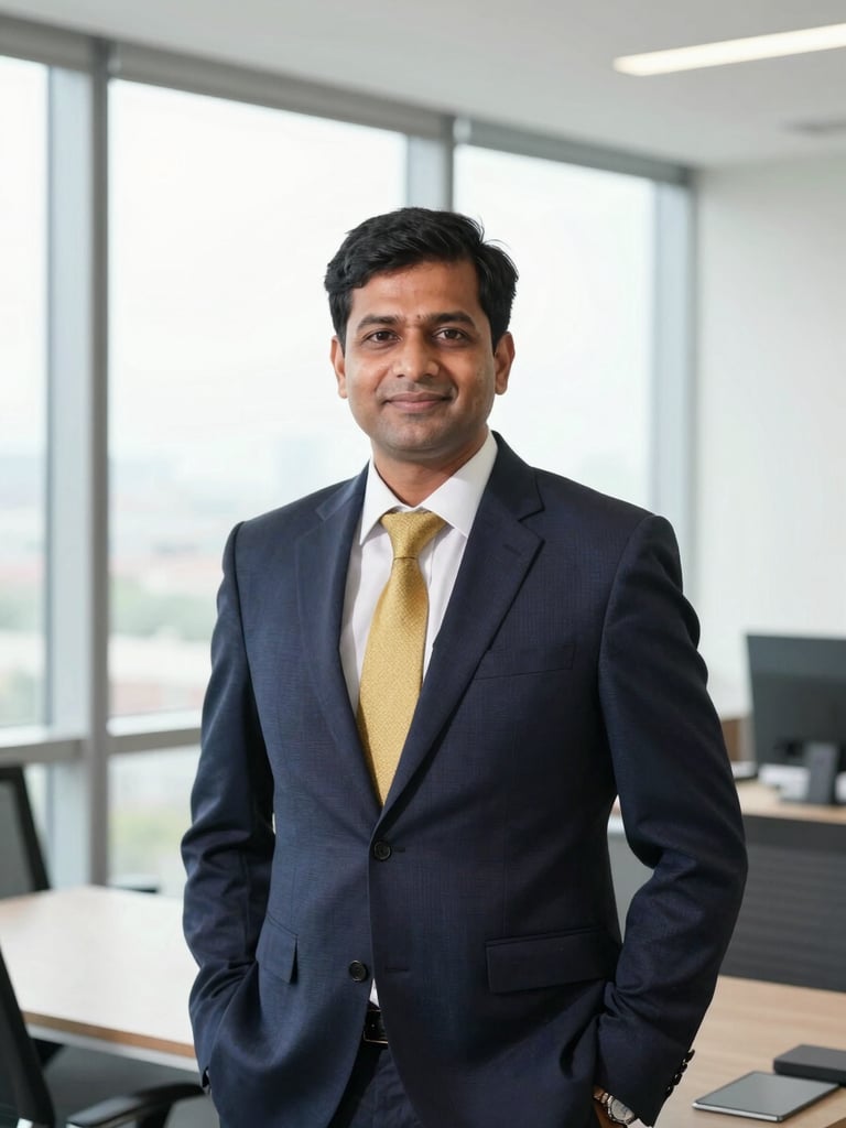 Professional environmental portrait of lead consultant Mukesh Kumar in a bright modern office, natural window light, structured composition, 35mm editorial style.