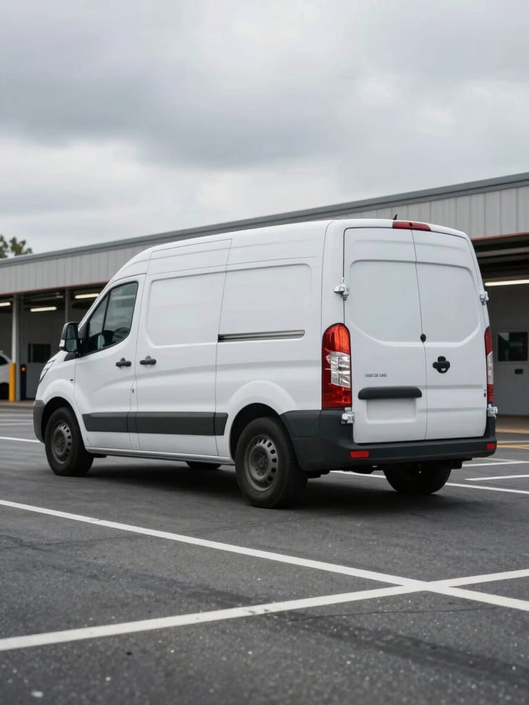 Wide shot of a Bulldog courier van moving through an urban loading dock area, motion blur on the vehicle, overcast sky, painted route markings on asphalt visible, no people — only the vehicle in purposeful transit