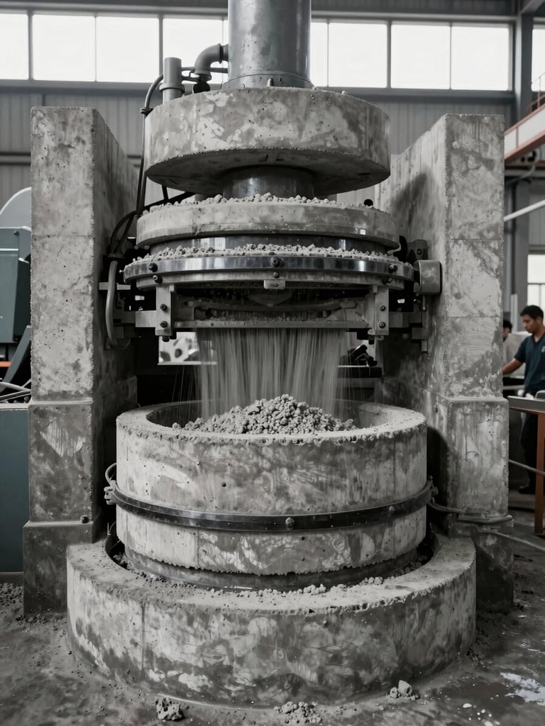 Wide shot from operator's perspective inside a concrete brick pressing machine, raw cement mix being loaded into the mould, machine arm mid-cycle, overcast daylight from a high factory window, no posed workers