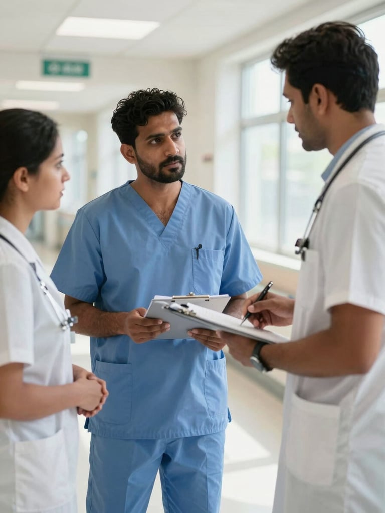 Indian doctor in a bright, modern German hospital corridor, wearing clinical scrubs, discussing patient charts with a colleague, natural daylight.