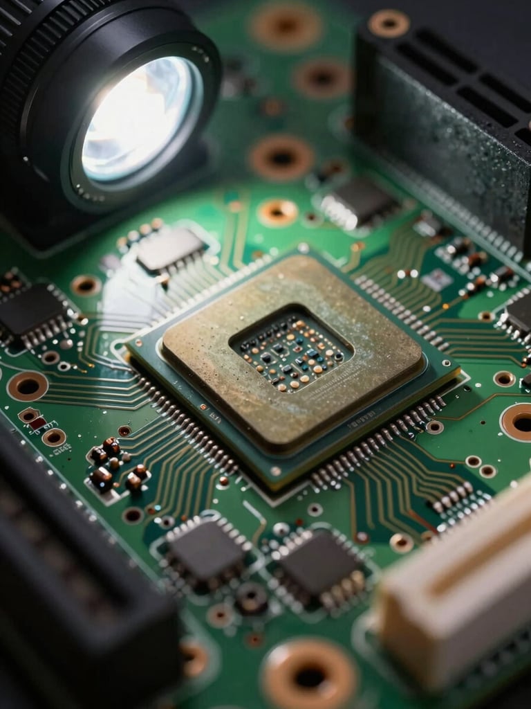 Extreme close-up of an automotive embedded control unit — dense circuit board traces, processor die visible, cool strobe lighting from the upper left, shallow depth of field, industrial precision