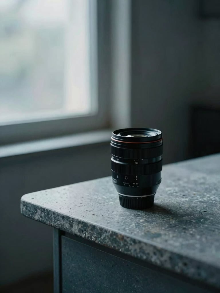 Wide-frame commercial film still, a product placed on a cold stone counter under cool directional window light, precise depth of field, muted blue-grey tones, composition rule-of-thirds, negative space to the left