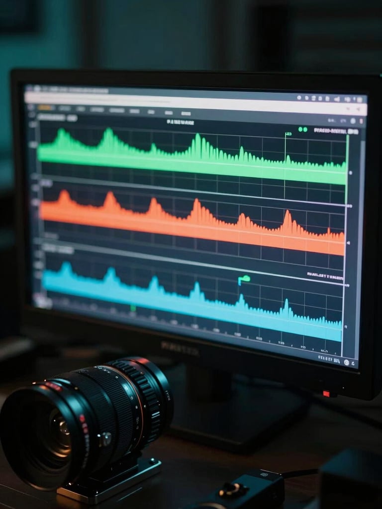 Film still detail from a commercial shoot, a monitor displaying color waveform data in a darkened room, cool teal ambient glow, precise framing, no visible crew